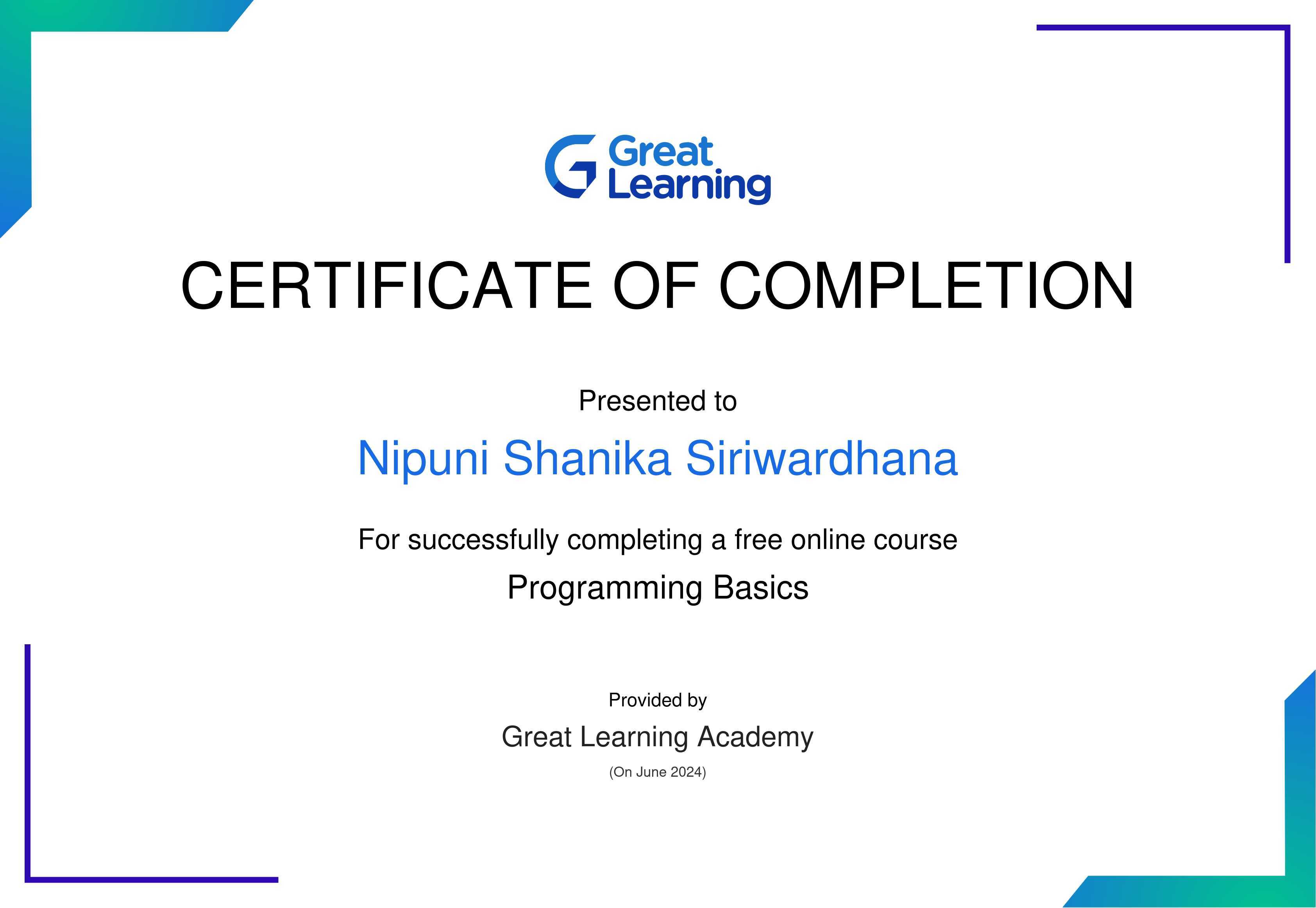 Programming Basics certificate